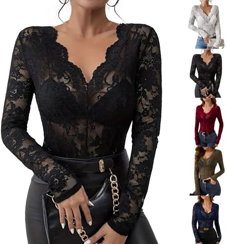 Jersey Mujer Otoño Basicas Camisetas Encaje Manga Larga Mujer Elegante Algodon Sueter Cuello V Casual Punto Blusa Camiseta Interior Otoño Termica Primavera Top Sweater(Negro,XL)