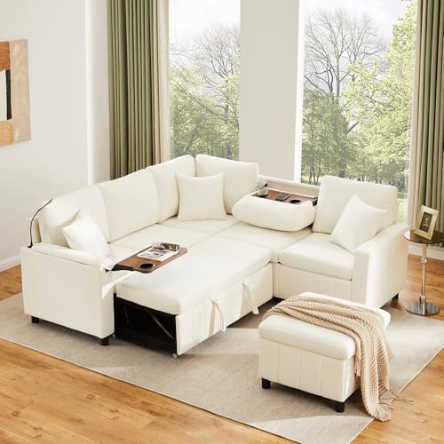 NuvlaGu Sofá esquinero con función de dormir, 205 x 205 cm, 4 plazas, chenilla con USB y tipo C, función de cama con espacio de almacenamiento, taburete y mesa con soporte para bebidas, beige (beige+