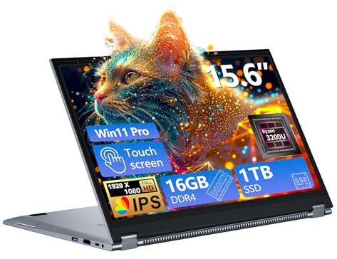 15,6 Pulgadas Ordenador Portátil Pantalla Táctil 2 en 1, Laptop 16GB RAM 1TB SSD, Win11 PC Portátil con Ryzen 3 3200U Procesador, Computadora Portátil 360° Pantalla Táctil 1080P FHD IPS Type-C RJ45