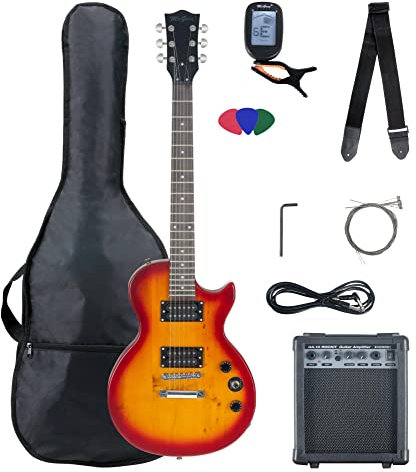 McGrey Rockit Single Cut Komplettset E-Gitarre (8-teiliges Anfängerset mit Gitarre, Verstärker, Ersatzsaiten, Gitarrentasche, Stimmgerät, Plektren, Gurt und Gitarrenkabel) Orange Burst