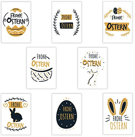 8 Osterkarten mit Briefumschlägen | Postkarten Format A6 | Ostereier | Osterhase | Grußkarten als Postkartenset zu Ostern