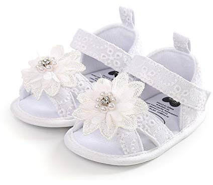 Voracale Sandali Estivi Principessa Bambini Scarpine Battesimo Neonata Scarpe Bambina Elegante Scarpe Basse Casuali Scarpe da Neonato Scarpine con Fiore Eleganti Piatto (Bianco, 0-6 mesi)