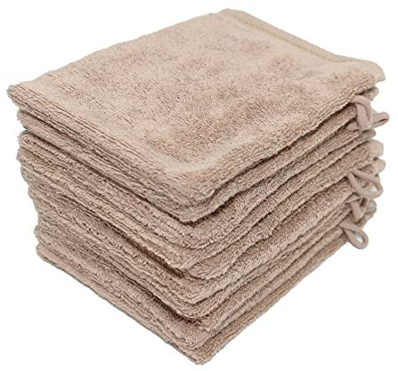 Floringo 10er Pack Waschhandschuh, Waschlappen mit Aufhänger ca. 17 x 22 cm, Serie Exclusiv, ca. 600g/m² (Hellbraun)