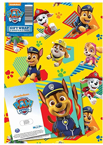 Papel de regalo de la Patrulla Canina, 6 hojas, 6 etiquetas, tamaño de la hoja, 70 cm x 50 cm, producto oficial con recursos responsables