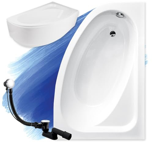 BADLAND Badewanne Original Weiß Acryl Wanne Eckbadewanne CORNEA 150x100 Rechts KOMPLETTSET SET mit Weiß Acrylschürze + Füßen und Exklusive Chrom Automatik Ablaufgarnitur Made in EU 4in1