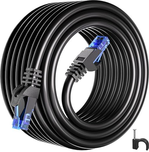 Cable Ethernet 20 Metros, Cat 6 Alta Velocidad Cable de Red 20m Cable RJ45 Exterior Interior, Largo Negro UTP Cable LAN 250MHz 1000Mbps, Gigabit Redondo Cable Internet 23AWG para Router PC (20 Clips)