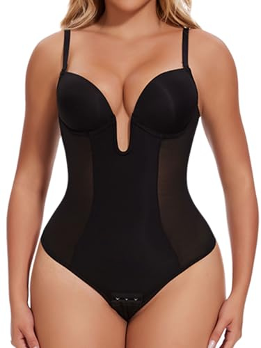 Joyshaper Women Backless Shapewear Bodysuit Tummy Control U Plunge Body Shaper Built in Bra Thong Wedding Party Black,M