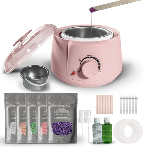 Waxing Kit, Wax Pot for Hair Removal, Wax Heater Kit for Waxing Professional, 5 Packs Wax Beads and 20 Applicator Sticks, Painless Waxing Machine for Full Body Waxing(Pink)