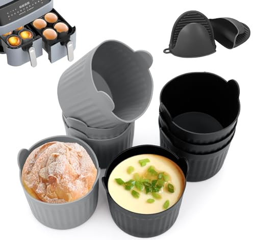 Mocraft Ramekins Silicone, Ramekins for Air Fryer,Poached Eggs Moulds,Reusable Ramekins Set of 8,Egg Poacher Muffin Cake for Air fryer,Oven and Microwave,with Silicone Gloves