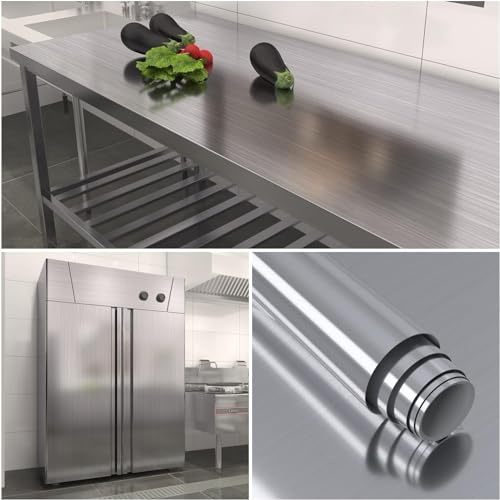 XRUIBZI Brushed Silver Wallpaper 40cmx1000cm Contact Paper Peel and Stick Wallpaper Waterproof Silver Metallic Wallpaper Self Adhesive Removable Wall Covering for Appliance Countertop Refrigerator