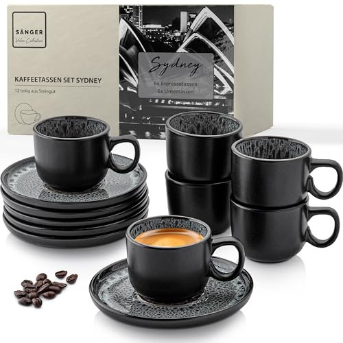 SÄNGER Sydney | Espressotassen Set Steingut 12 teilig, Mokka Tassen-Set 6 Personen, Tassen &Untertassen Espressotassen spülmaschinenfest mikrowellenfest Tassenset dunkel grau 80 ml | VALUE COLLECTION