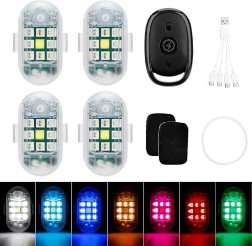KEWAYO 4 Luci Strobe LED Wireless con Telecomando - 7 Colori, Alta Luminosità, Ricaricabili USB, per Auto, Moto, Drone