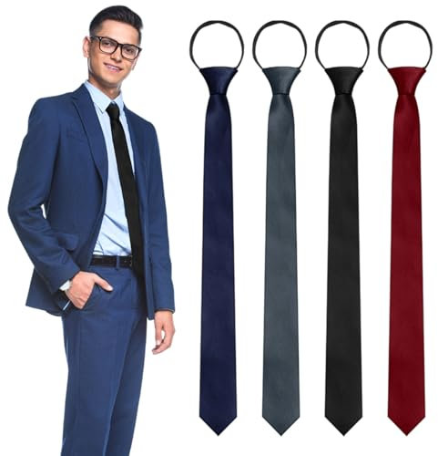 UILYNIU 4 Stück Herren Krawatten, Verstellbare Krawatten, Krawatte Schlips Schwarz Grau Dunkelblau Rot Schmal Krawatte mit Gummizug Reißverschluss, Kinderkrawatte Jungen Vorgebundene Krawatten (4PCS)