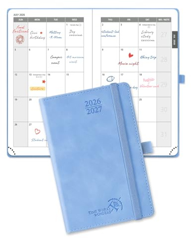 POPRUN Agenda de bolsillo de 2 años con vista mensual 2026-2027 A6 Planificador mensual (24 meses: Ene'26 - Dic'27) Papel 100 GSM, 4 páginas por mes, 144 páginas, tapa dura de cuero PU (azul cian)