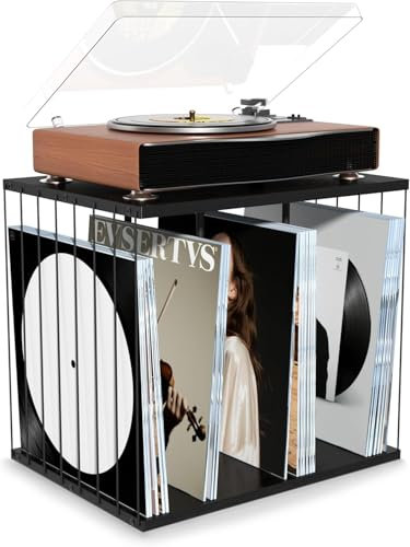 Emfogoo Vinyl Record Storage, Metal & Wooden Vinyl Record Holder Up to 80 LP Albums, 3-Compartment Record Player Stand for Magazine, Book, Files, Albums (Black)