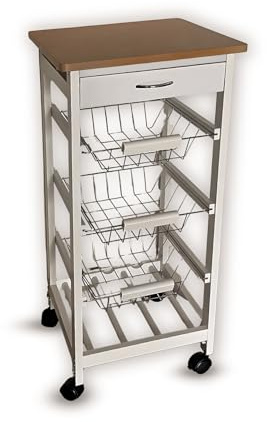 HYGRAD BUILT TO SURVIVE Wooden Kitchen Rolling Island Trolley, 3 Tier Utility Storage Cart with Wheels, 3 Basket, Drawers - 1 Wine Rack Storage Cabinet for Home, Dining Room, Bar (White)
