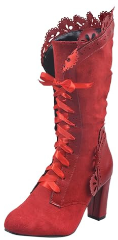 VBEDKDEB Bottes d'hiver pour femme - Bottes mi-mollets - Grandes tailles - Dentelle - Mid mollet - Chaussures Dirndl, rouge, 39 EU