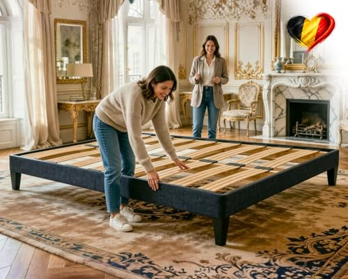 Sommier 140x190 Noir Anthracite, Hauteur 30 cm, à Lattes Actives en Bois, Cadre Tapissé, Structure Solide en Bois Massifs, avec Pieds inclus, Stable et Silencieux, Lit 2 Personnes pour Chambre Adulte