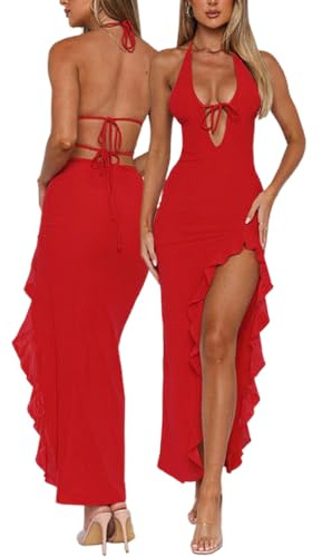 AOWVUTS Abito Lungo Sexy Donna Maxi Abito Senza Maniche Scollo a V Vestito Elegante Senza Schienale con Orlo a Volant Vestito da Sera Bodycon con Spacco per Discoteca Cerimonia Cocktail Festa
