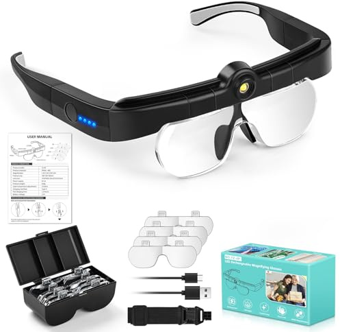 NZQXJXZ Lupa con Diadema con Luz LED, 1.5X 2.5X 3.5X 5X lupas de Gran Aumento con luz, Ajustable Gafas de Aumento Lupa para Leer, Coser, Reparaciones, Joyería