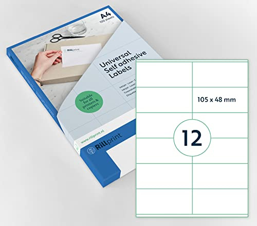 Rillstab RI89119 - Pack de 12 etiquetas autoadhesivas, 105 x 48 mm, A4, color blanco