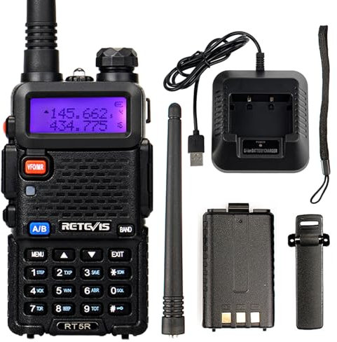 Retevis RT5R Walkie Talkie, Radio Caza, Walkie Talkie Profesional, Largo Alcance, Doble Banda, Chirp, 128 Canales, FM, Linterna, VOX, Type-C, Alarma de Emergencia, (Negro, 1 Pieza)