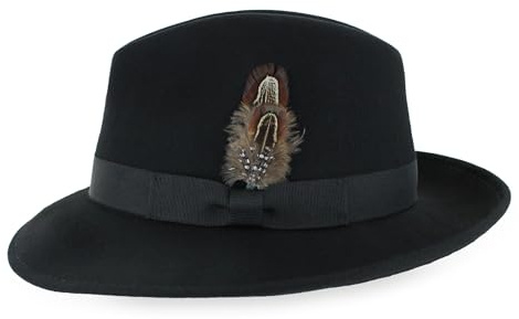 Belfry Crushable Dress Fedora Men's Vintage Style Hat 100% Pure Wool in Black Blue Grey Pecan Brown and Striped Bands (US, Alpha, Large, Black)