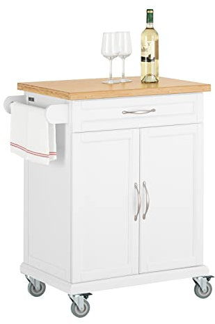 SoBuy Kitchen Cabinet Kitchen Storage Trolley with Bamboo Worktop White W74 x D45 x H91cm FKW13-WN