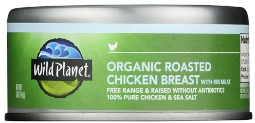 Wild Planet Organic Roasted Chicken Breast With Rib Meat, Skinless and Boneless, Sea Salt, Free Range, Non-GMO, Gluten Free, Keto and Paleo, 5 Ounce Single Unit/Can