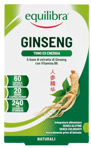 Equilibra Integratori Alimentari Ginseng, Integratore A Base Di Ginseng E Vitamina B6, Contro La Stanchezza Fisica E Mentale, Per Il Normale Metabolismo Energetico, 60 Unità, Confezione da 1
