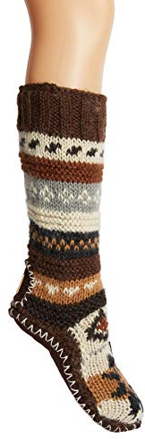 Tibetan Socks Hand Knit Wool Fleece Lined Long Slipper Socks with Non Slip Soles (Brown, L)