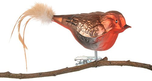 Birds of Glass® Glas-Vogel, Rotkehlchen mit Naturfeder, Glasschmuck Made in Germany aus eigener Herstellung, deko Vogel mit Clip, Glasvogel, echter Lauschaer Christbaumschmuck, für den Innenbereich