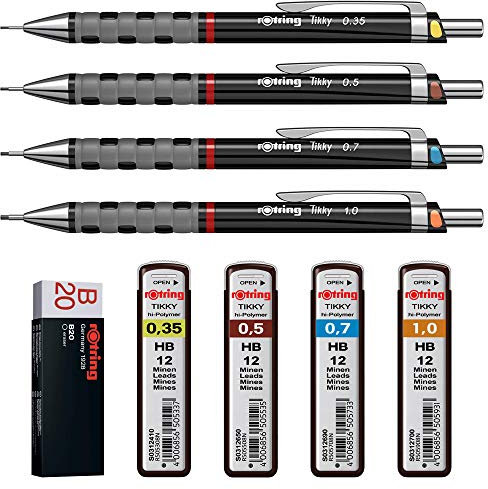 ROtring Tikky Druckbleistift, 4-teiliges Set, Schwarz, 1