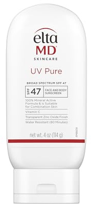 EltaMD UV Pure Face and Body Sunscreen, SPF 47 Mineral Sunscreen for Kids and Adults, Water Resistant Up to 80 Minutes, Oil Free Zinc Oxide Formula, 4.0 oz