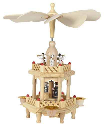 Weihnachts-Pyramide Krippenszene und Engel, 2 Etagen, H: 25 cm, Natur, handbemalt im Kunsthandwerks-Stil