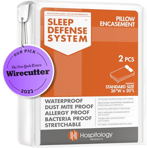 HOSPITOLOGY PRODUCTS Pillow Encasement- Zippered Bed Bug Dust Mite Proof Hypoallergenic - Sleep Defense System - Standard - Waterproof - Set of 2 - 20 H x 26 W