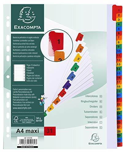 Exacompta register vit kartong 31 numrerade flikar färgade