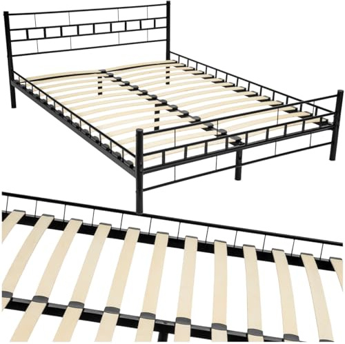 tectake® Metallbett, Bettgestell mit Lattenrost, Einzelbett, Doppelbett aus Metall, Bettrahmen mit Kopfteil Bett für Schlafzimmer, Gästezimmer, Gästebett, Jugendzimmer - 200 x 140 cm, schwarz