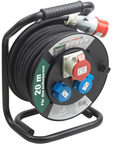 Meister Kabeltrommel H07RN-F5G2,5, IP44 - 20 m Kabel - Thermoschutz-Schalter - Outdoor / Kabelrolle mit CEE- & Schuko-Steckdosen / Kabelbox mit Verlängerungskabel / Leitungsroller mit Kurbel / 7435900