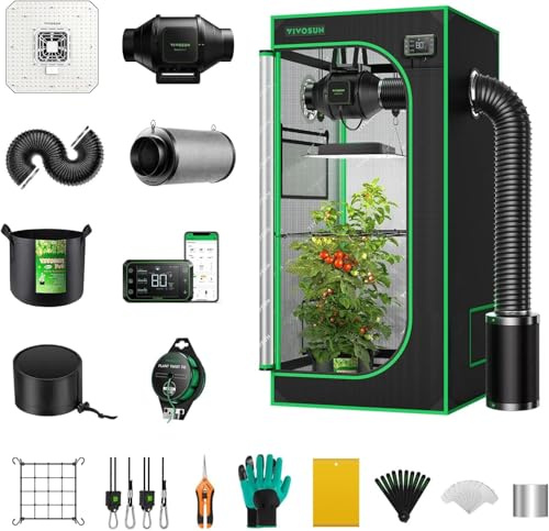 VIVOSUN Smart Growzeltsystem - WiFi-integriertes Growzelt-Kit mit automatischer Belüftung & Zirkulation, Zeitplan für 150W LED Grow Vollspektrum Lampe & GrowHub E42A-Controller - 80 x 80 x 180 cm