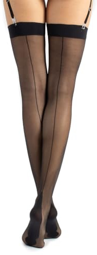 CALZITALY Bas pour Porte-Jarretelles femme, Bas fin avec Couture Arrière | S, M, L, XL, 2XL, 3XL, 4XL | Noir, Naturel, Ivoire, Blanc | 15 DEN | Made in Italy (M/L, Noir)