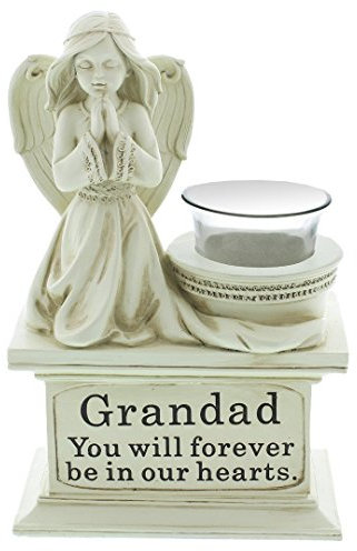 Statuetta per tomba di angelo che prega in ginocchio con porta candela tealight in vetro, in finitura pietra color crema, per nonno (lingua italiana non garantita)