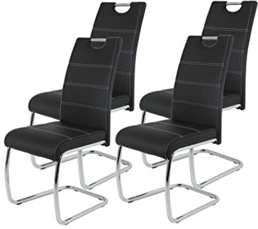 Hela Tische 4er Set Schwingstuhl, Küchenstuhl Flora, Kunstleder Schwarz, Griffmulde, Metallgestell verchromt, 42x57x98 cm