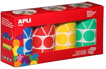 APLI Kids 10753 - pack de 4 rollos de Gomets de figuras surtidas en tamaño XL y colores surtidos, 5428 pegatinas en total