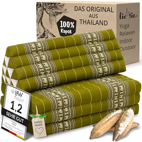 livasia Thai cushion with 3 seat rests for couples - 75x31x3.1″ - XXL, Triangle cushion with folding mattress, Extra wide, kapok, Back support cushion, Thai mat, folding (Green/Elephants)