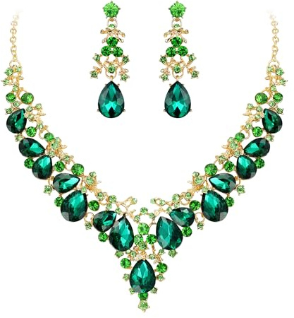 EVER FAITH Espléndido Adorno con Forma de Mujer Gota de Agua Diamante Collar Plastron Pendientes Colgante Redondo Cristal de imitación Tono Dorado Verde