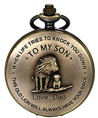 JewelryWe Reloj de Bolsillo clásico Vintage con Colgante para Hombre to My Son, Love Dad, Reloj de Regalo para Padre e Hijo, Reloj con Cadena, León - Bronce, Vintage, clásico