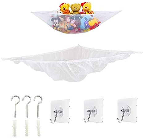 JZK Toy Storage Hammock With screw Hooks and sticky hooks for kids baby bedroom or bathroom, Large Mesh Net for teddys to hang on wall, Plush Toy hanging Organizer