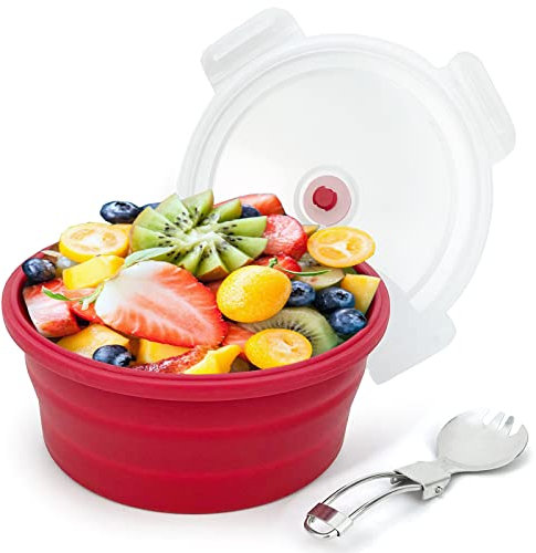 Lunbengo 1200ml Großer Silikon Lebensmittelbehälter mit Deckel, faltbare Campingschüssel für Mahlzeitenvorbereitung, Picknick, Silikonschüssel mit faltbarer 2 in 1 Gabel und Löffel, rot