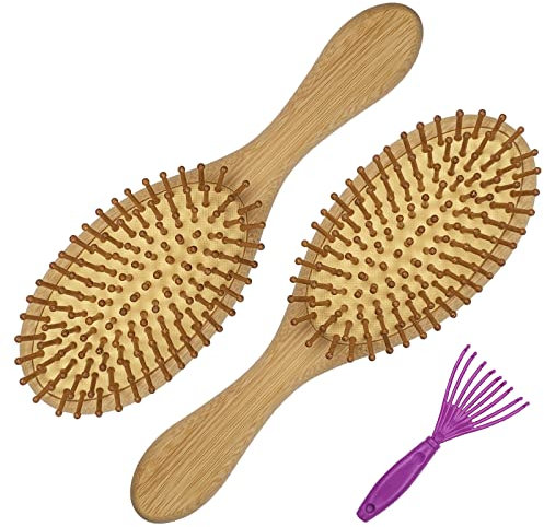 Firschoie Haarbürste Bambus 3er Set, Haarbürsten ohne Ziepen, mit kleinem Reinigungskamm, Antistatische Kopfhautmassage reduziert Frizz und Haarbruch, Geeignet für langes Haar, lockiges Haar, Spliss